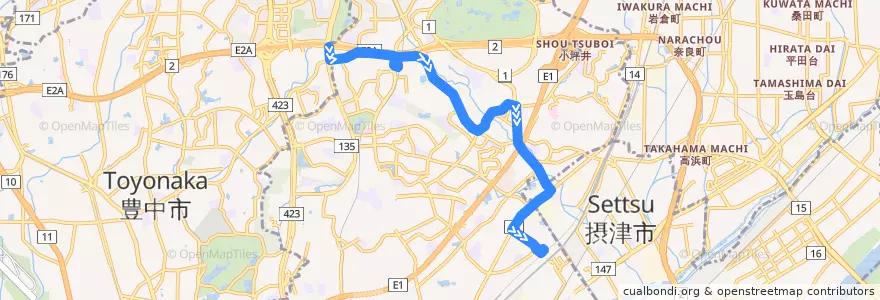 Mapa del recorrido 18: 千里中央→JR岸辺北口 de la línea  en 吹田市.