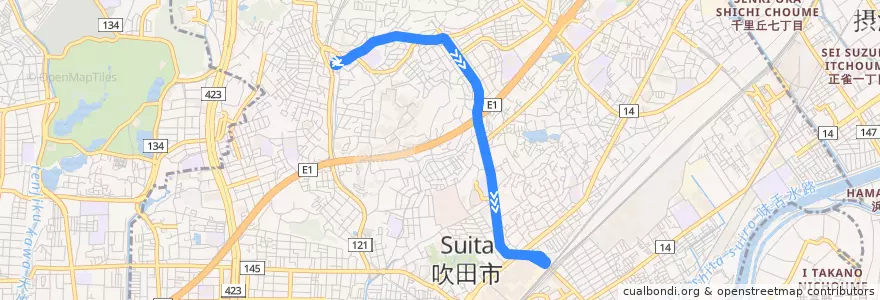 Mapa del recorrido 6: 阪急千里山→JR吹田北口 de la línea  en 吹田市.
