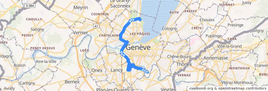 Mapa del recorrido Bus 11: Bout-du-Monde → Jardin Botanique de la línea  en Ginebra.