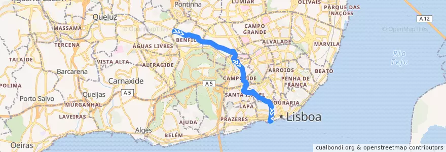 Mapa del recorrido Bus 758: Portas de Benfica → Cais do Sodré de la línea  en Lissabon.