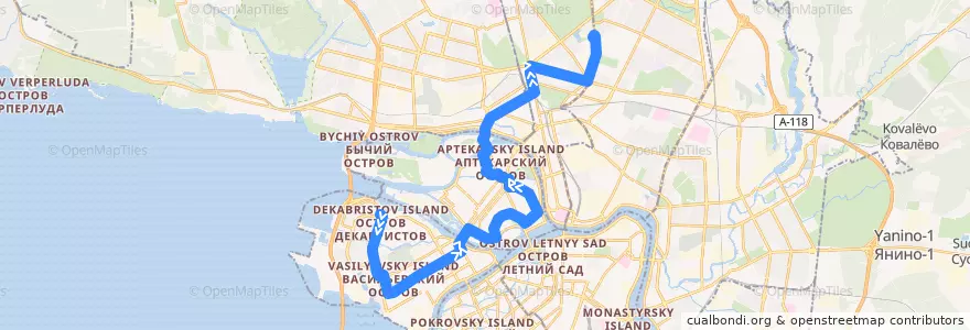 Mapa del recorrido Трамвай № 40: Детская улица => Тихорецкий проспект de la línea  en Санкт-Петербург.