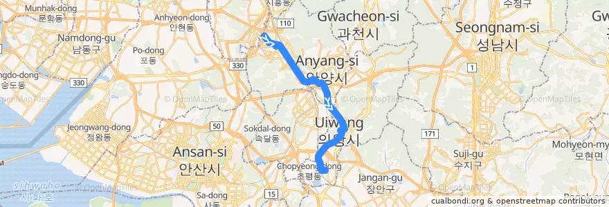 Mapa del recorrido 안양 버스 1-2 → 월암동.부곡중 de la línea  en Gyeonggi.