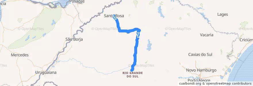 Mapa del recorrido Santa Rosa → Santa Maria via RS-344 e Cruz Alta de la línea  en Río Grande del Sur.