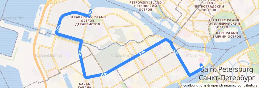 Mapa del recorrido Автобус № 47: улица Кораблестроителей => Менделеевская линия de la línea  en Василеостровский район.