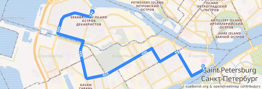 Mapa del recorrido Автобус № 47: Менделеевская линия => улица Кораблестроителей de la línea  en Василеостровский район.