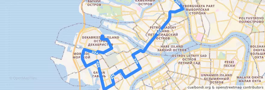 Mapa del recorrido Автобус № 128: Аптекарская набережная => улица Кораблестроителей de la línea  en Санкт-Петербург.