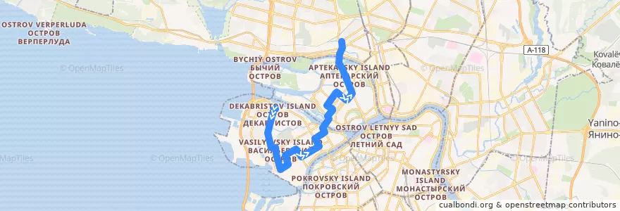 Mapa del recorrido Автобус № 1: улица Кораблестроителей => станция метро "Чёрная речка" de la línea  en San Petersburgo.