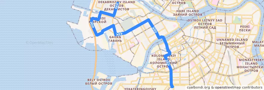 Mapa del recorrido Автобус № 100: улица Кораблестроителей (Наличная улица) => Балтийский вокзал de la línea  en Санкт-Петербург.