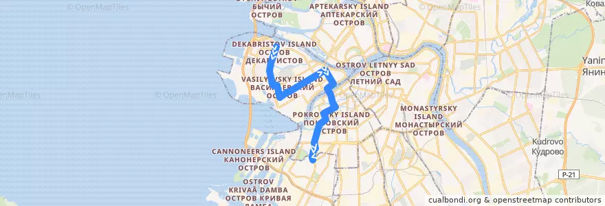 Mapa del recorrido Автобус № 6: улица Кораблестроителей => площадь Стачек de la línea  en Санкт-Петербург.
