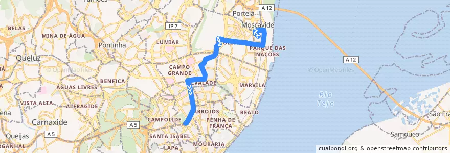 Mapa del recorrido Bus 744: Moscavide (Quinta das Laranjeiras) → Marquês de Pombal de la línea  en Lisbon.