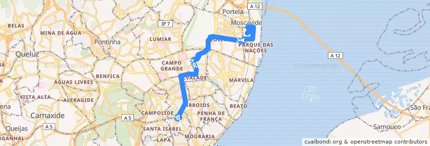 Mapa del recorrido Bus 744: Marquês de Pombal → Moscavide (Quinta das Laranjeiras) de la línea  en Lisboa.