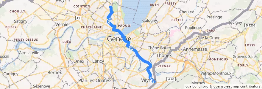 Mapa del recorrido Bus 8: Veyrier-Douane → Appia de la línea  en 日內瓦.