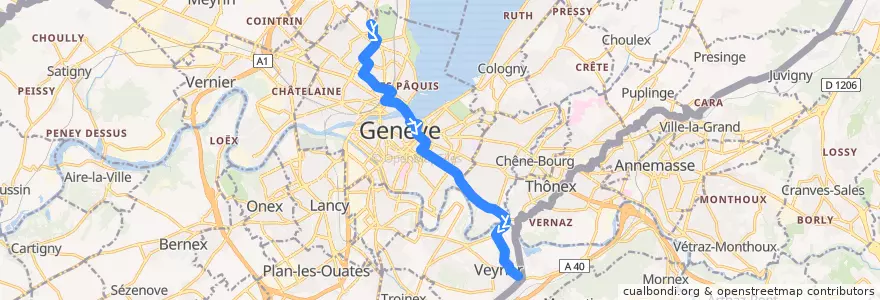 Mapa del recorrido Bus 8: Appia → Veyrier-Douane de la línea  en Genève.