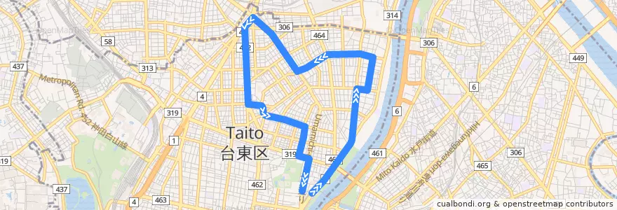 Mapa del recorrido 北めぐりん 「浅草回り」 de la línea  en 台東区.