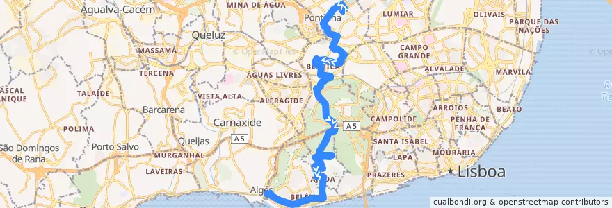 Mapa del recorrido Bus 729: Bairro Padre Cruz → Algés de la línea  en Lizbon.