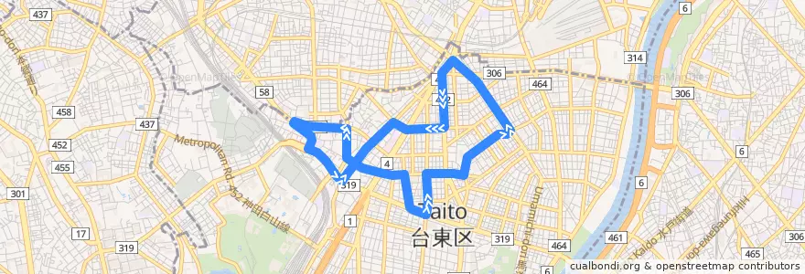 Mapa del recorrido 北めぐりん 「根岸」 de la línea  en 台東区.