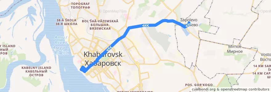 Mapa del recorrido Автобус 55: ул. Пионерская (с. Тополево) - Комсомольская площадь de la línea  en городской округ Хабаровск.