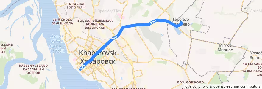 Mapa del recorrido Автобус 55: Комсомольская площадь - ул. Пионерская (с. Тополево) de la línea  en ハバロフスク地区.