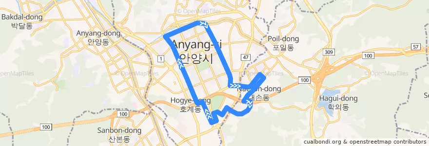 Mapa del recorrido 안양 버스 6 (외선순환) de la línea  en 경기도.