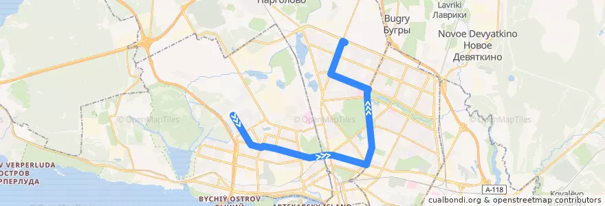 Mapa del recorrido Трамвай № 55: улица Шаврова => Придорожная аллея de la línea  en Санкт-Петербург.