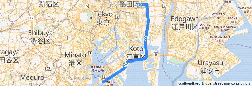 Mapa del recorrido 東京都交通局 急05 錦糸町駅前 - パレットタウン前 de la línea  en 江東区.