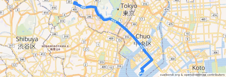 Mapa del recorrido グリーンアローズ de la línea  en Tokyo.