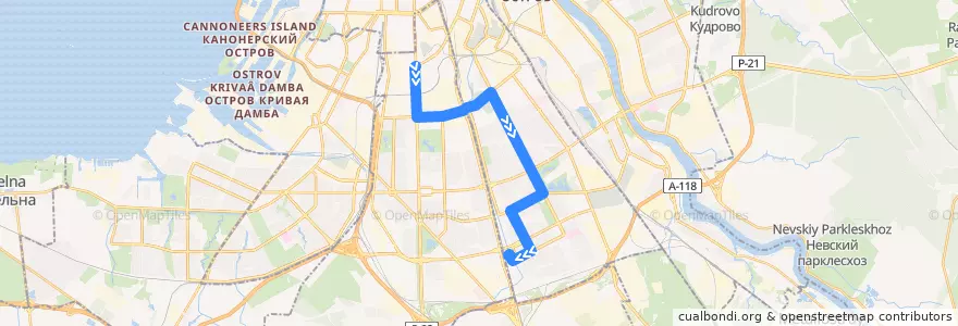 Mapa del recorrido Трамвай № 43: станция метро «Московские ворота» => станция метро «Купчино» de la línea  en Saint-Pétersbourg.