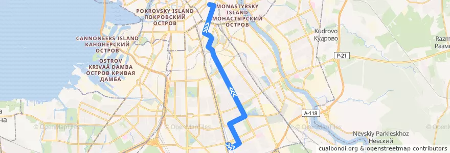 Mapa del recorrido Трамвай № 25: станция метро «Купчино» => улица Марата de la línea  en Фрунзенский район.