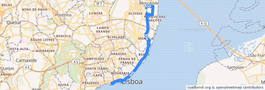 Mapa del recorrido Bus 782: Moscavide - Praça José Queirós → Cais do Sodré de la línea  en Portogallo.