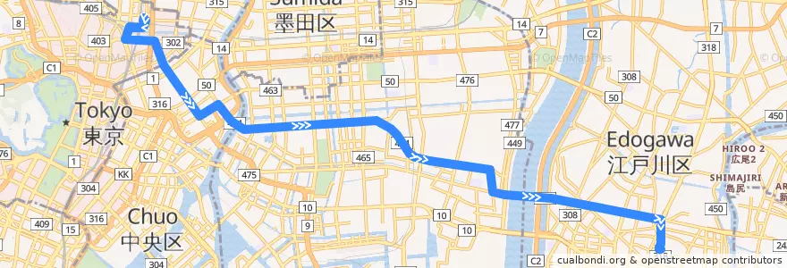 Mapa del recorrido Aki 26 (E->W) de la línea  en Tokyo.
