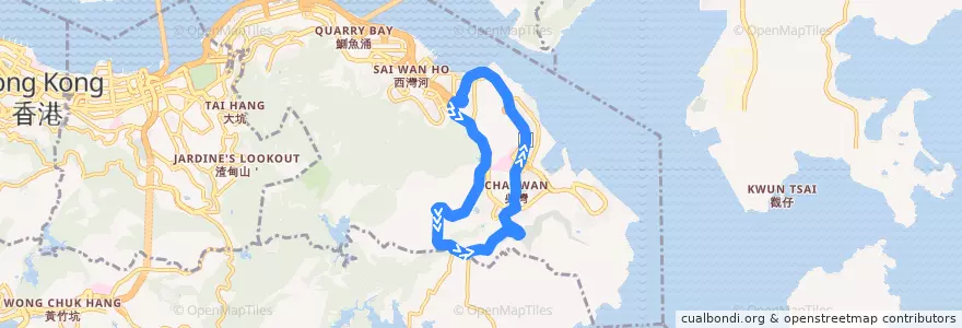 Mapa del recorrido 新巴389線 NWFB 389 (筲箕灣 Shau Kei Wan ↺ 柴灣墳場 Chai Wan Cemeteries) de la línea  en Eastern District.