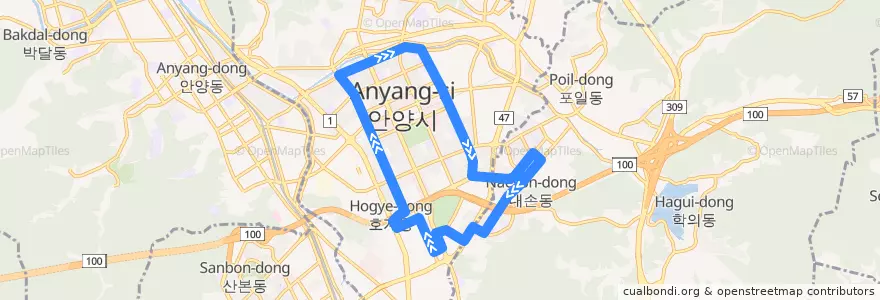 Mapa del recorrido 안양 버스 6 (내선순환) de la línea  en 東安區.