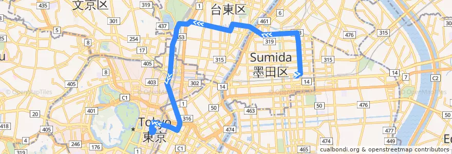 Mapa del recorrido 夢の下町→東京 de la línea  en Tokyo.