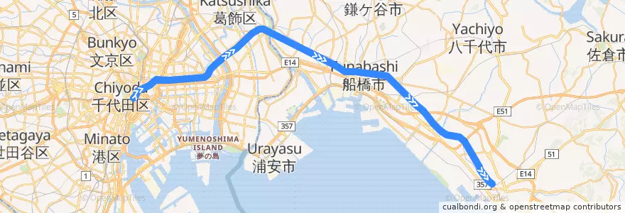 Mapa del recorrido JR総武快速線 de la línea  en Japão.