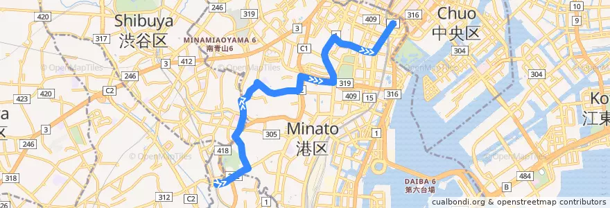 Mapa del recorrido 東京都交通局 橋86 目黒駅 - 新橋六丁目 de la línea  en 港区.