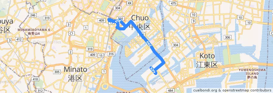 Mapa del recorrido 東京都交通局 市01 晴海三丁目 - 国立がん研究センター前 de la línea  en 東京都.