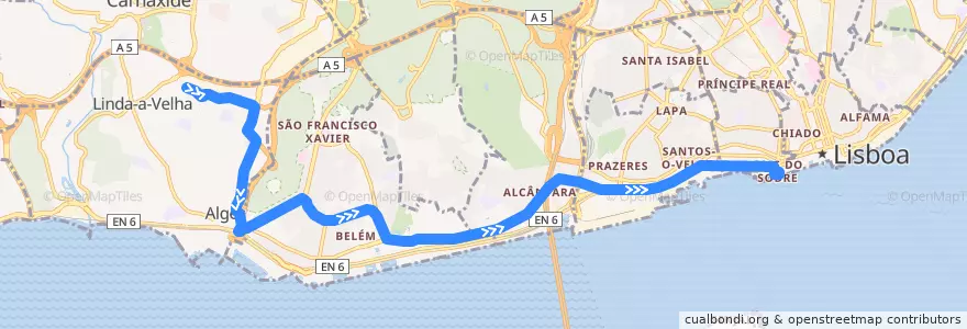 Mapa del recorrido Bus 201: Linda-a-Velha → Cais do Sodré de la línea  en Grande Lisboa.