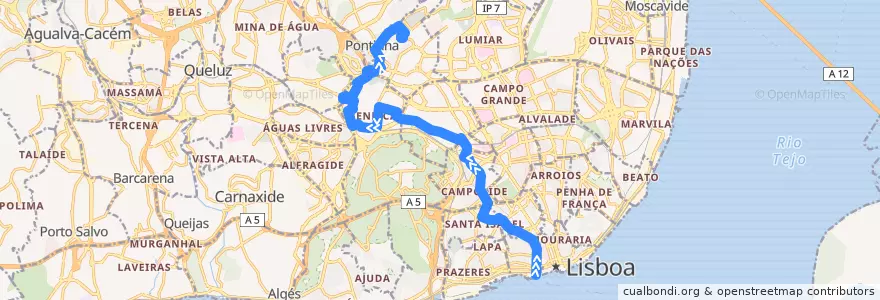 Mapa del recorrido Bus 202: Cais do Sodré → Bairro Padre Cruz de la línea  en Grande Lisboa.