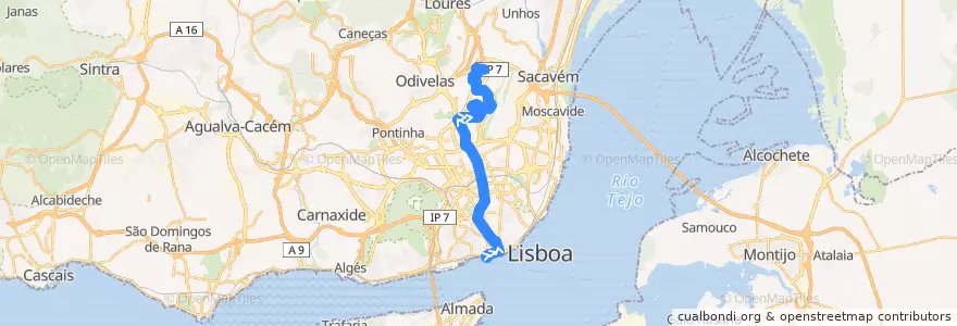 Mapa del recorrido Bus 207: Cais do Sodré → Fetais de la línea  en Lisboa.