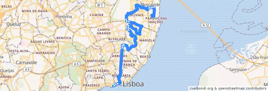 Mapa del recorrido Bus 208: Cais do Sodré → Estação do Oriente de la línea  en Lisbon.
