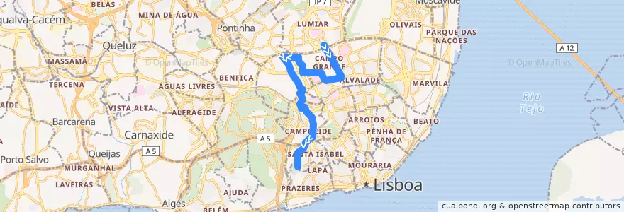 Mapa del recorrido Bus 701: Campo Grande (Metro) → Campo de Ourique (Prazeres) de la línea  en Lisboa.