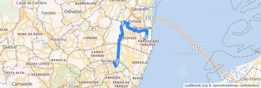 Mapa del recorrido Bus 705: Estação do Oriente (Interface) → Estação de Roma-Areeiro de la línea  en Lisboa.