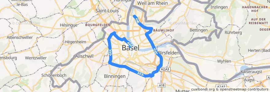 Mapa del recorrido Bus 36: Schifflände => Lange Erlen => Kleinhüningen de la línea  en Basel.
