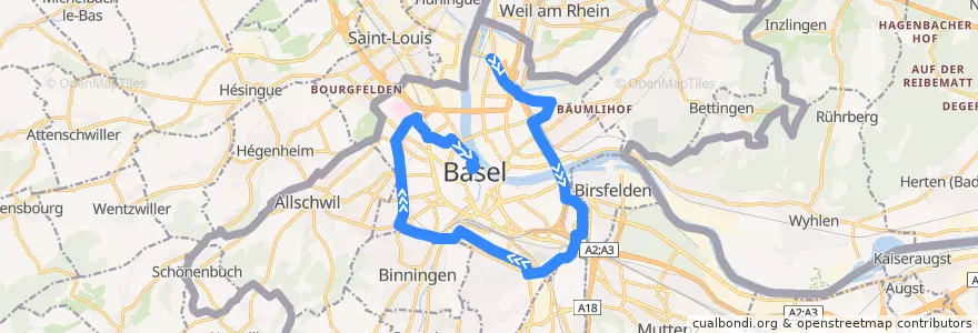 Mapa del recorrido Bus 36: Kleinhüningen => Lange Erlen => Schifflände de la línea  en Basel.