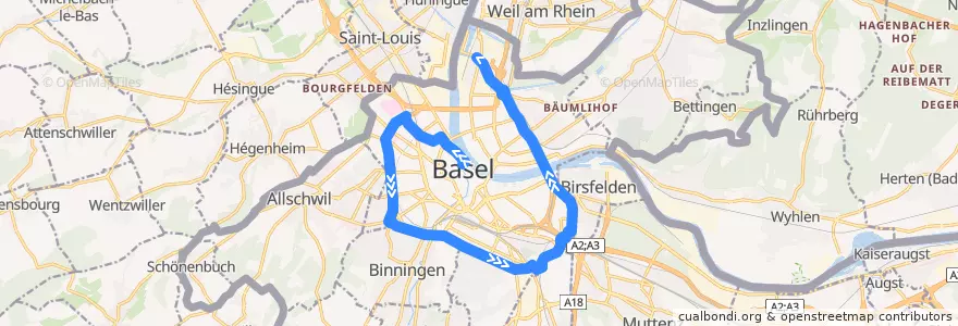 Mapa del recorrido Bus 36: Schifflände => Erlenmatt => Kleinhüningen de la línea  en Basel.