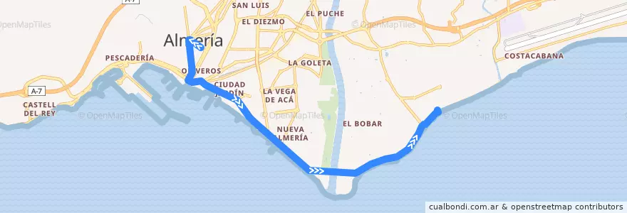 Mapa del recorrido L11: Nueva Andalucía - Universidad - Zapillo de la línea  en Almería.