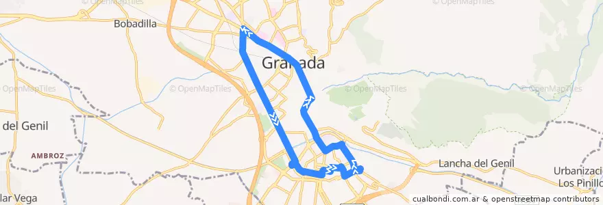 Mapa del recorrido Bus 11: Circular Camino de Ronda - Ayuntamiento - Gran Vía de la línea  en Granada.