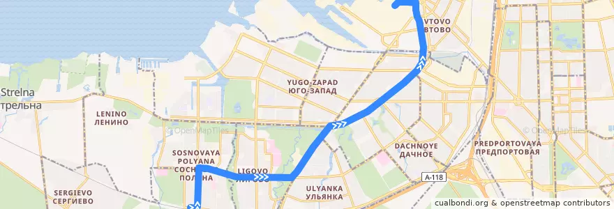 Mapa del recorrido Трамвай № 52: Сосновая Поляна => Северная верфь de la línea  en Санкт-Петербург.