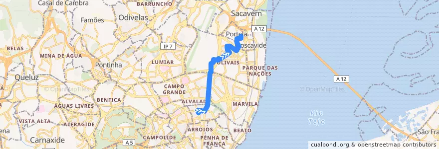 Mapa del recorrido Bus 722: Praça de Londres → Portela - Rua dos Escritores de la línea  en Lisboa.