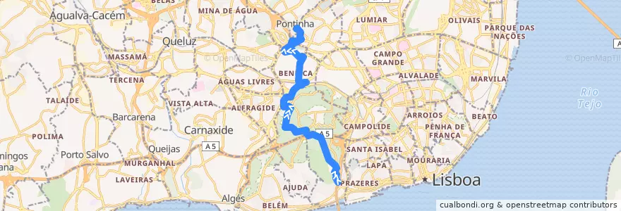 Mapa del recorrido Bus 724: Alcântara - Calçada da Tapada → Pontinha de la línea  en لشبونة.